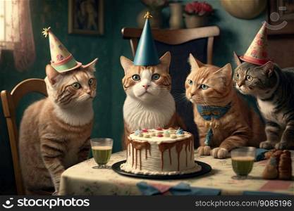 cat in birthday caps sit at party. Illustration Generative AI. cat in birthday caps sit at party. Illustration AI Generative