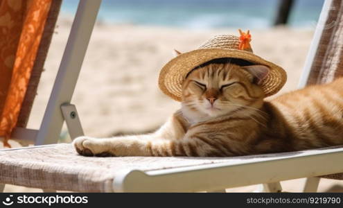 Cat in hat on sun lounger is resting against backdrop of sea on beach. Tropical resort on vacation. AI generated.. Cat in hat on sun lounger is resting against backdrop of sea on beach. AI generated.