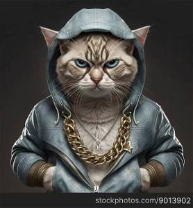 Cat in leather jacket with golden chains, rapper or bandit, gangster, cool cat. Illustration. Generative AI.