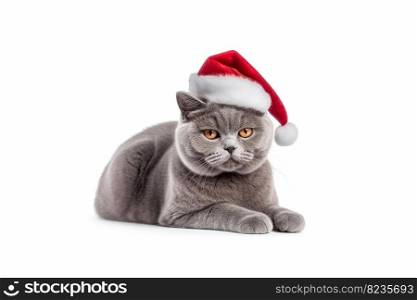 Cat in red Santa Claus hats isolated on a white background. British blue breed cat in santa claus hat. Banner with copy cpace.. Cat in red Santa Claus hats isolated on a white background. British blue breed cat in santa claus hat. Banner with copy cpace