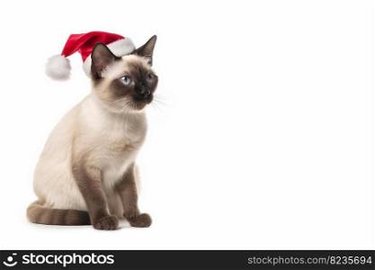 Cat in red Santa Claus hats isolated on a white background. Ragdoll breed cat in santa claus hat. Banner with copy cpace. Cat in red Santa Claus hats isolated on a white background. Ragdoll breed cat in santa claus hat. Banner with copy cpace.