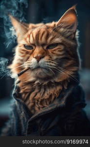 Cat in suit clothes smoking a cigarette. Generative AI. High quality illustration. Cat in suit clothes smoking a cigarette. Generative AI