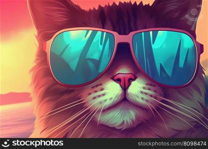 Cat in sunglasses on colorful tropical background. Pop art style in neon colors. Generative AI. Cat in sunglasses on tropical neon background. Pop art style portrait. Generative AI