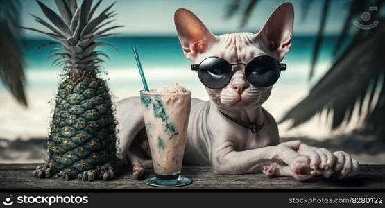 Cat is on summer vacation at seaside resort and relaxing rest on summer beach of Hawaii. distinct generative AI image.. Cat is on summer vacation at seaside resort and relaxing rest on summer beach of Hawaii