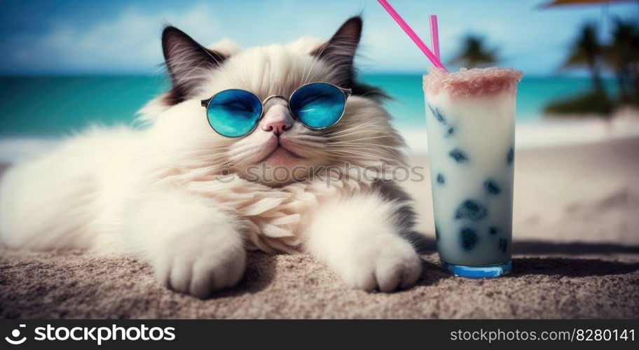 Cat is on summer vacation at seaside resort and relaxing rest on summer beach of Hawaii. distinct generative AI image.. Cat is on summer vacation at seaside resort and relaxing rest on summer beach of Hawaii