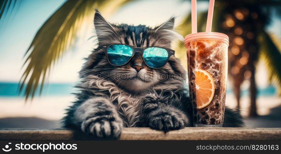 Cat is on summer vacation at seaside resort and relaxing rest on summer beach of Hawaii. distinct generative AI image.. Cat is on summer vacation at seaside resort and relaxing rest on summer beach of Hawaii