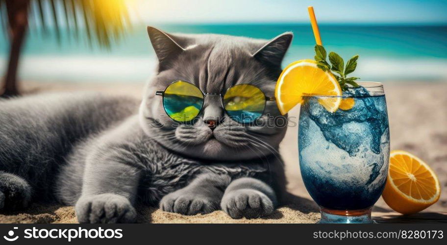 Cat is on summer vacation at seaside resort and relaxing rest on summer beach of Hawaii. distinct generative AI image.. Cat is on summer vacation at seaside resort and relaxing rest on summer beach of Hawaii