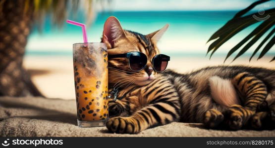 Cat is on summer vacation at seaside resort and relaxing rest on summer beach of Hawaii. distinct generative AI image.. Cat is on summer vacation at seaside resort and relaxing rest on summer beach of Hawaii