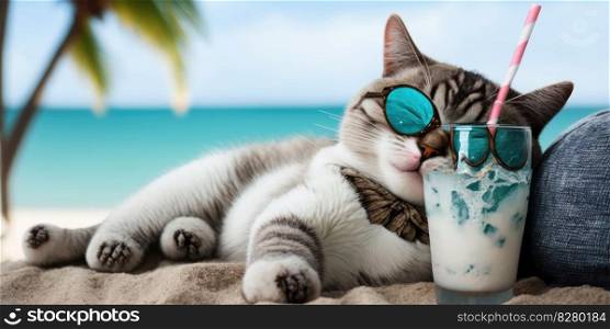 Cat is on summer vacation at seaside resort and relaxing rest on summer beach of Hawaii. distinct generative AI image.. Cat is on summer vacation at seaside resort and relaxing rest on summer beach of Hawaii