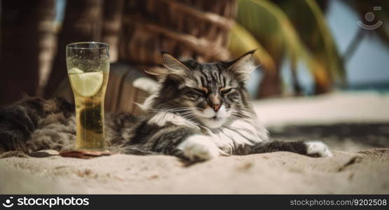 Cat is on summer vacation at seaside resort and relaxing rest on summer beach of Hawaii. distinct generative AI image.. Cat is on summer vacation at seaside resort and relaxing rest on summer beach of Hawaii