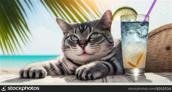 Cat is on summer vacation at seaside resort and relaxing rest on summer beach of Hawaii. distinct generative AI image.. Cat is on summer vacation at seaside resort and relaxing rest on summer beach of Hawaii