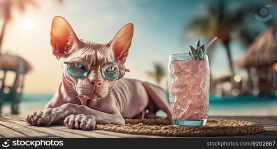 Cat is on summer vacation at seaside resort and relaxing rest on summer beach of Hawaii. distinct generative AI image.. Cat is on summer vacation at seaside resort and relaxing rest on summer beach of Hawaii