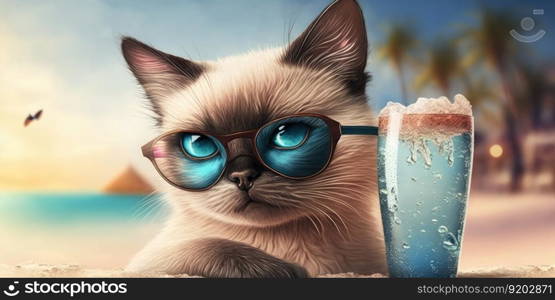 Cat is on summer vacation at seaside resort and relaxing rest on summer beach of Hawaii. distinct generative AI image.. Cat is on summer vacation at seaside resort and relaxing rest on summer beach of Hawaii