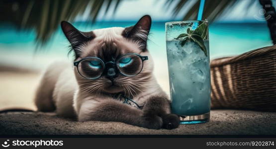 Cat is on summer vacation at seaside resort and relaxing rest on summer beach of Hawaii. distinct generative AI image.. Cat is on summer vacation at seaside resort and relaxing rest on summer beach of Hawaii