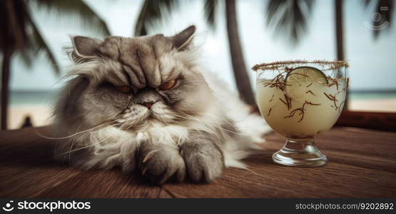 Cat is on summer vacation at seaside resort and relaxing rest on summer beach of Hawaii. distinct generative AI image.. Cat is on summer vacation at seaside resort and relaxing rest on summer beach of Hawaii