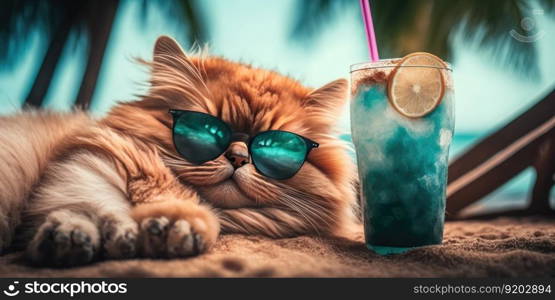 Cat is on summer vacation at seaside resort and relaxing rest on summer beach of Hawaii. distinct generative AI image.. Cat is on summer vacation at seaside resort and relaxing rest on summer beach of Hawaii