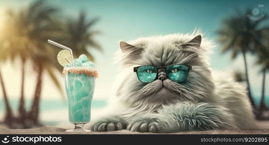 Cat is on summer vacation at seaside resort and relaxing rest on summer beach of Hawaii. distinct generative AI image.. Cat is on summer vacation at seaside resort and relaxing rest on summer beach of Hawaii