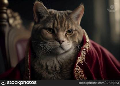 Cat king in royal robe and crown on throne.  AI Generative