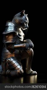 Cat knight in medieval steel armor. Animal soldier character. AI generated illustration. Cat knight in medieval steel armor. AI generated illustration