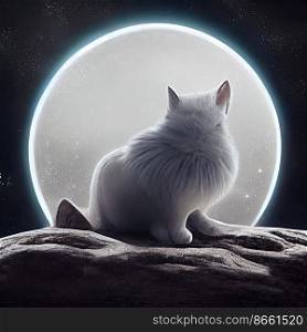 Cat looks at big moon at night 3d illustrated
