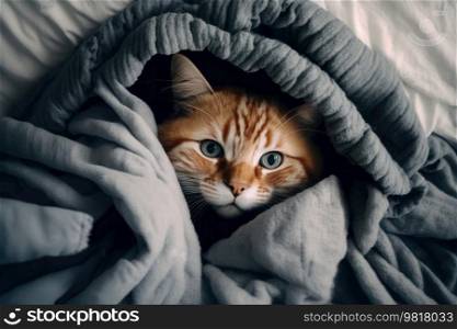 Cat lying on bed under grey blanket. Illustration Generative AI