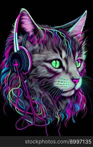 Cat Music Headphones.  Generative AI
