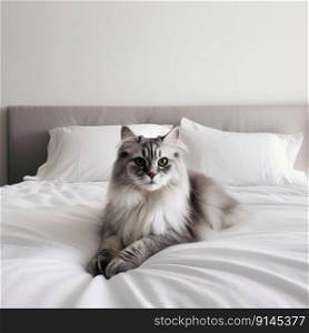 Cat on the bed. Home pet funny concept. Generate Ai. Cat on the bed