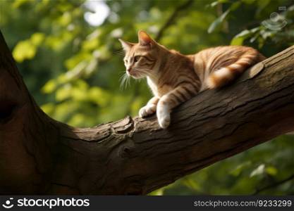 Cat on tree branch. Green nature. Generate Ai. Cat on tree branch. Generate Ai