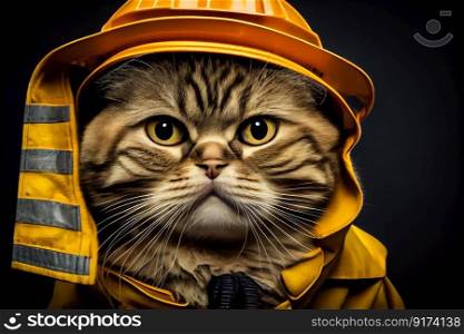 cat pet wearing a fireman helmet illustration Generative AI.