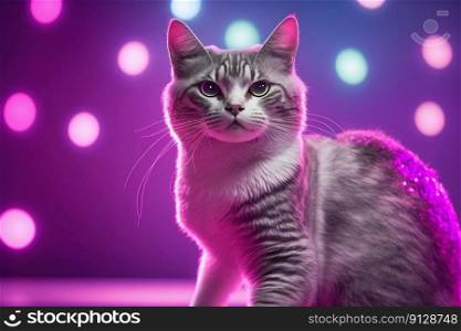 Cat portrait with neon lights. Cute pet on the party. Generative AI. Cat portrait with neon lights. Cute pet on the party. Generative AI.