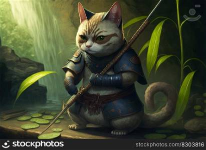 Cat samurai in traditional drawing style. Japanese styled art with kitten warrior in kimono. Generated AI. Cat samurai in traditional drawing style. Japanese styled art with kitten warrior in kimono. Generated AI.