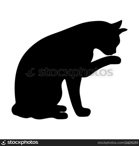 Cat washes silhouette vector illustration. Black shadow of pet. Cat sitting isolated icon. Cat washes silhouette vector illustration