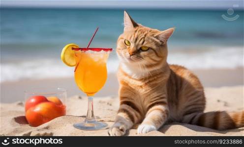 Cat with cocktail and straw is resting on background of sea on beach. Tropical resort on vacation. AI generated.. Cat with cocktail and straw is resting on background of sea on beach. AI generated.