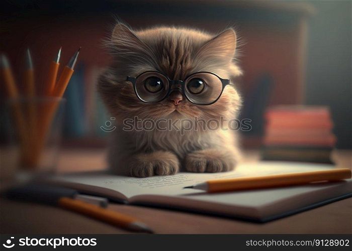 Cat with glasses sitting on school desk and learning. Education, student. Day at school. Generative AI. Cat with glasses sitting on school desk and learning. Education, student. Day at school. Generative AI.