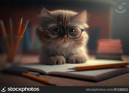 Cat with glasses sitting on school desk and learning. Education, student. Day at school. Generative AI. Cat with glasses sitting on school desk and learning. Education, student. Day at school. Generative AI.