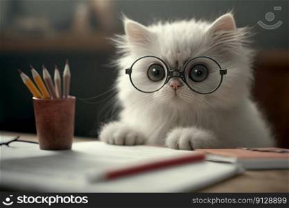 Cat with glasses sitting on school desk and learning. Education, student. Fear, excitement, anxiety. First day. Come back to school. Generative AI. Cat with glasses sitting on school desk and learning. Education, student. Fear, excitement, anxiety. First day. Come back to school. Generative AI.