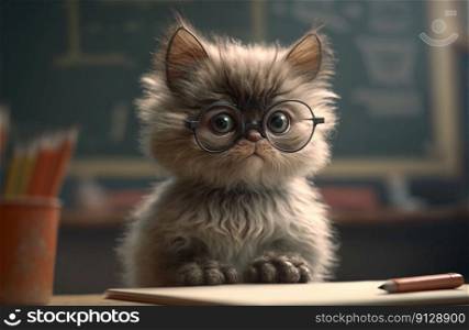 Cat with glasses sitting on school desk and learning. Education, student. Fear, excitement, anxiety. First day. Come back to school. Generative AI. Cat with glasses sitting on school desk and learning. Education, student. Fear, excitement, anxiety. First day. Come back to school. Generative AI.