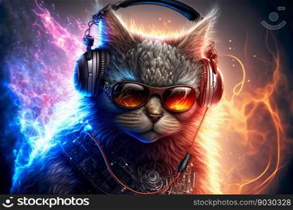 Cat with music headphones in style DJ , Generative Ai
