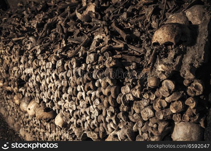 catacombs of Paris. Burial of millions of people in underground labyrinths.