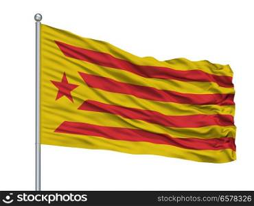 Catalan Nationalism Flag On Flagpole, Isolated On White Background. Catalan Nationalism Flag On Flagpole, Isolated On White