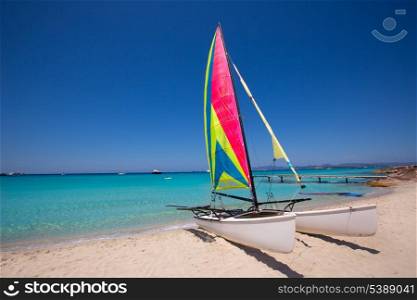 Catamaran sailboat in Illetes beach of Formentera at Balearic Islands