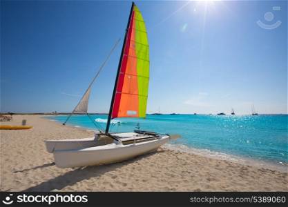 Catamaran sailboat in Illetes beach of Formentera at Balearic Islands