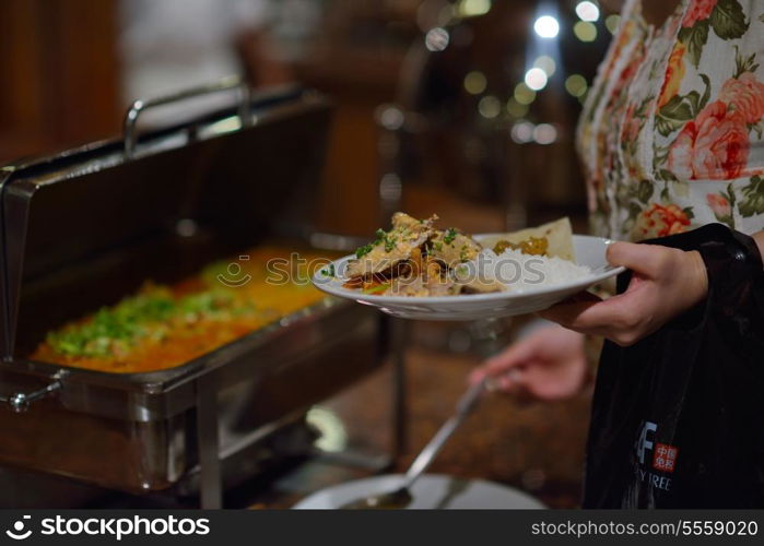 catering buffet food indoor in luxury restaurant with meat colorful fruits and vegetables