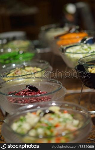 catering buffet food indoor in luxury restaurant with meat colorful fruits and vegetables