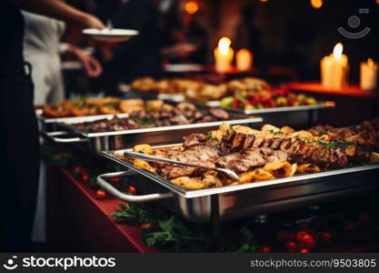 Catering buffet food indoor in restaurant with grilled meat. Buffet service for any festive event, party or wedding reception.. Catering buffet food indoor in restaurant with grilled meat.