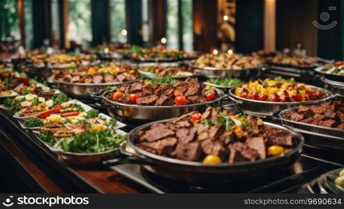 Catering buffet food indoor in restaurant with grilled meat. Buffet service for any festive event, party or wedding reception.. Catering buffet food indoor in restaurant with grilled meat.