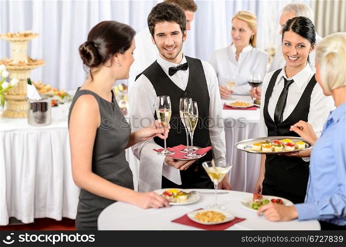 Catering service at business meeting offer food refreshments to woman