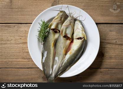 catfish on plate, fresh raw catfish freshwater fish, catfish for cooking food, fish with ingredients herb rosemary on wooden background