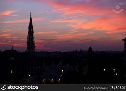 Cathedral and statue of king Albert I at sunset, Brussel, Belgium&#xA;