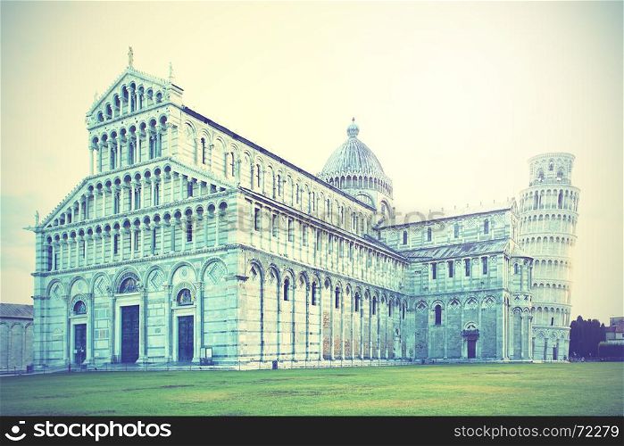 Cathedral and the Leaning tower in Pisa, Italy. Retro style filtred image